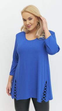 Cornflower blue women's tunic decorated with a unique braid made of trimmings