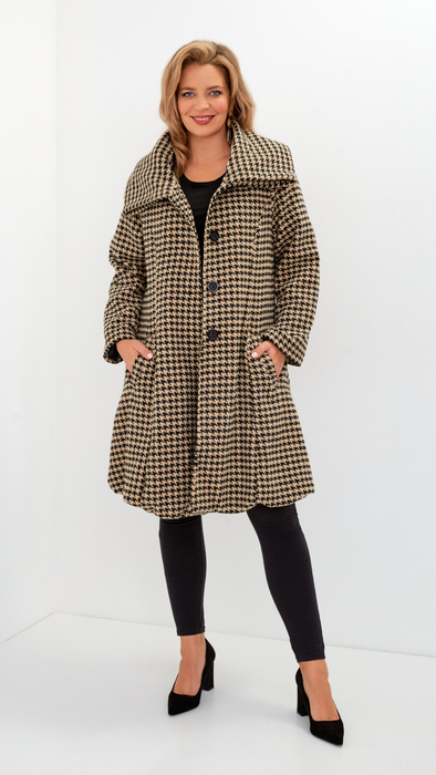 Beige and black women's elegant winter coat with a collar