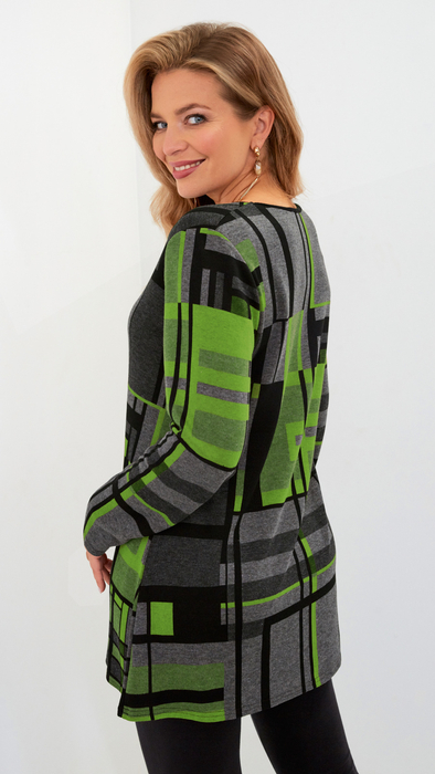 Gray warm autumn women's tunic with green motifs