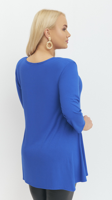 Cornflower blue women's tunic decorated with a unique braid made of trimmings