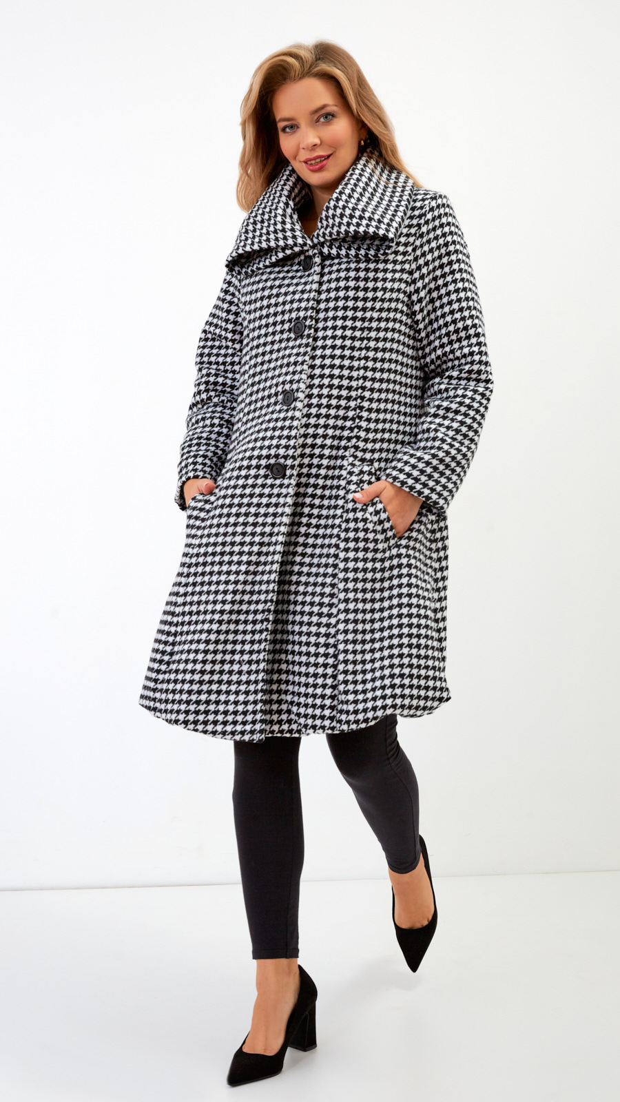 Elegant black and white women s winter coat with a collar