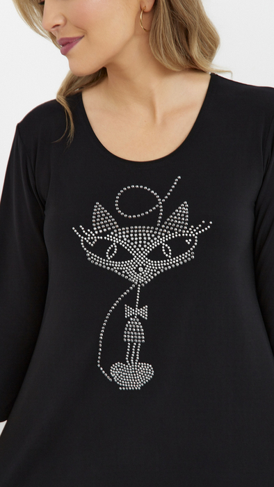 Black women's tunic, loose, elegant blouse with an application cat