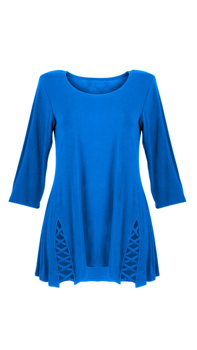 Cornflower blue women's tunic decorated with a unique braid made of trimmings