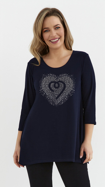 Navy blue women's tunic, loose blouse, elegant viscose heart