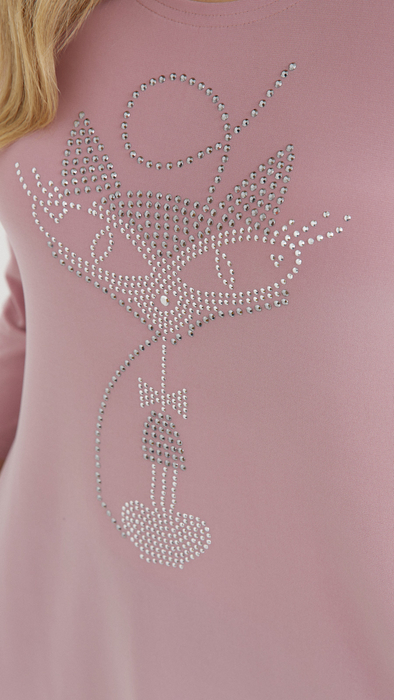 Puderrosa Damentunika, lockere, elegante Bluse mit Applikation Katze