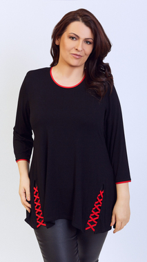 Czarna elegancka tunika damska zdobiona unikalnym czerwonym warkoczem z lamówek