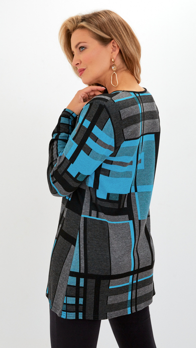 Gray warm women's autumn tunic with blue motifs