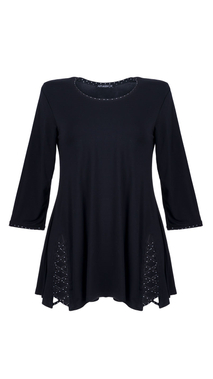 Czarna elegancka tunika damska zdobiona unikalnym warkoczem w białe kropki