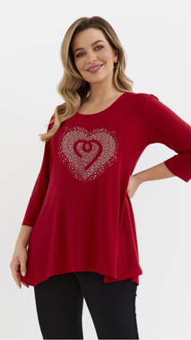 Czerwona tunika damska luźna bluzka z aplikacją wiskoza serce