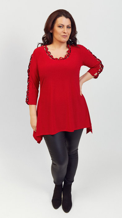 Czerwona zdobiona tunika damska luźna bluzka